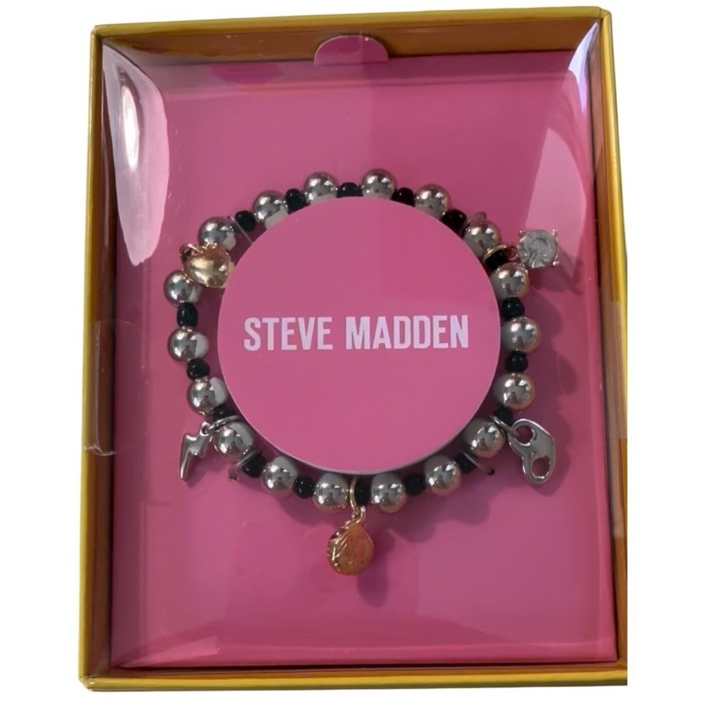 Steve Madden Beaded Charm Bracelet Silver‎ Black Heart Shell Lightning Bolt NIB